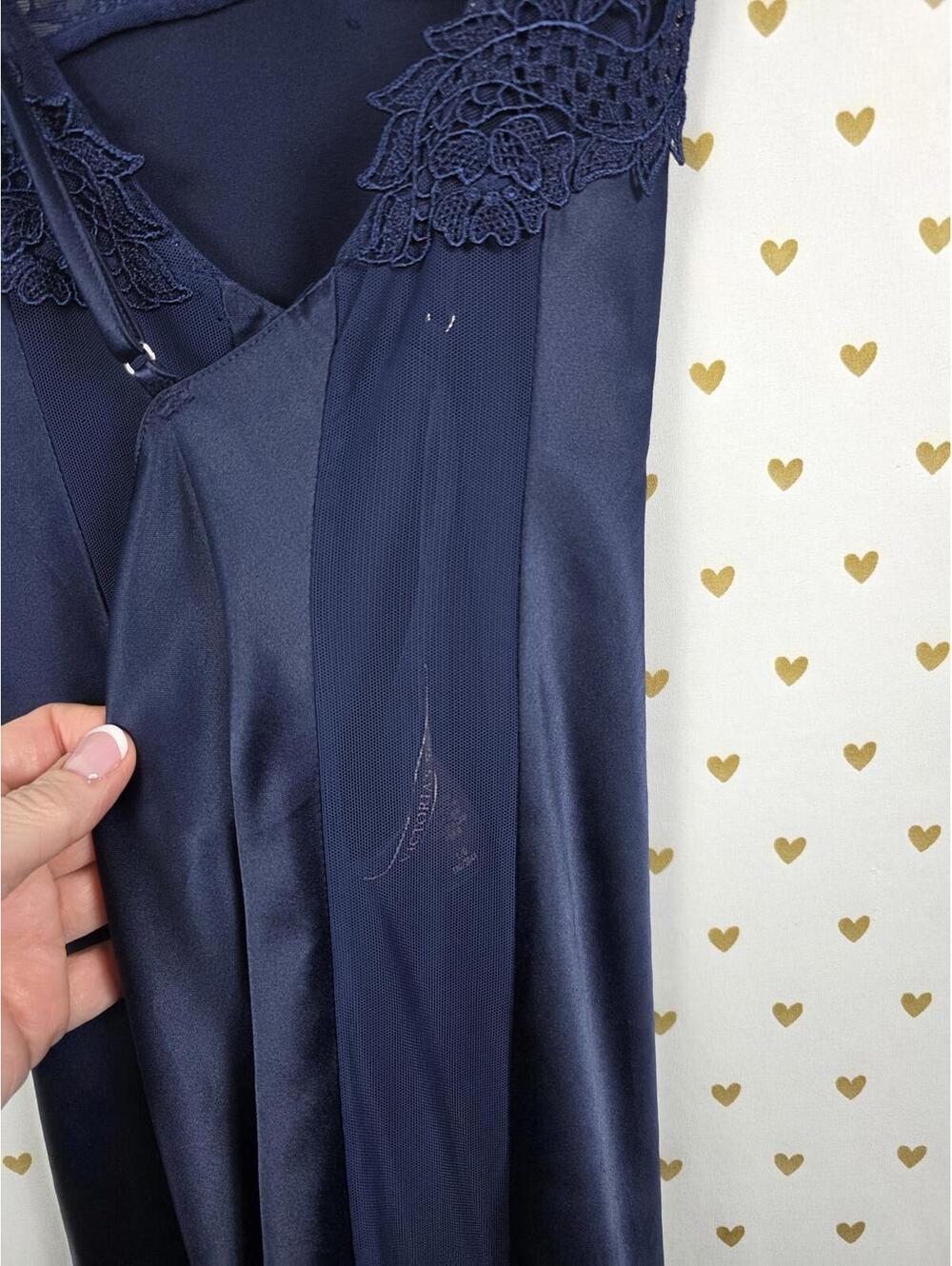 Victorias Secret LARGE Dark Blue Satin Maxi Silky Dress Full Length Sheer Side - Picture 4 of 7